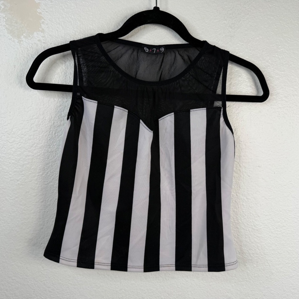 579 Women's Cropped Top Black White Sz XS Mesh Stripes Punk Gothic Steampunk Vtg